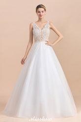 Elegant V-Neck Floral Lace A-line Wedding Dress Beach Sleeveless Tulle Church Dress