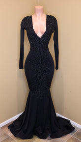 Exquisite Long V-neck Sequined Mermaid Black Prom Dress with Sleeves