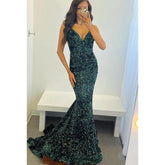 Vestido de fiesta largo estilo sirena con lentejuelas, escote en V y espalda descubierta con cola larga