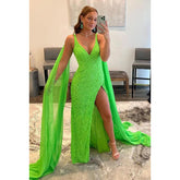 Vestido formal de noche con escote en V, lentejuelas, abertura, sin mangas y corte tubo/columna