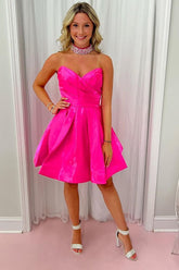 A Line Sweetheart Hot Pink Short Homecoming Dress with Ruched (necklace is not included)