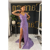 Vestido de fiesta largo y brillante con escote en V y lentejuelas y abertura alta