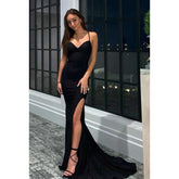 Vestido de noche largo fruncido con tirantes finos y escote en V y abertura para graduación