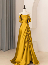 Robe de bal longue unique en satin, coupe trapèze, épaules dénudées, plissée, Y7599
