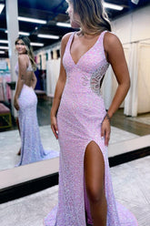 Sheath V Neck Lilac Sequins Long Prom Dress with Split Front