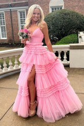A Line Spaghetti Straps Pink Long Prom Dress with Split