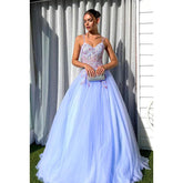 Vestido de fiesta largo de corte A con escote en V, tirantes finos y apliques