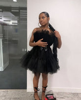 Vestido corto de princesa de tul con volantes y malla para mujer, ideal para fiestas, graduaciones, bodas y eventos especiales. Vestido tutú de hada, color negro, modelo Y512.