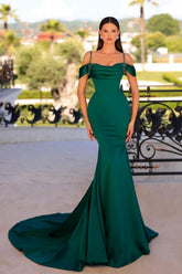 Vestido de fiesta largo de sirena verde oscuro sin mangas con cuentas y satén, elegante y moderno.