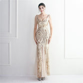 Sequin Mesh Craft Beaded Party Dress Long Cocktail Slim Fit Evening Dress Elegant Long