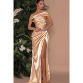 Sheath/Column Off-Shoulder Satin Pleats Split Sleeveless Prom Dress