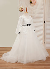 A-line Tulle Sweep Train Ivory First Communion Flower Girl Dress