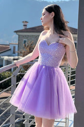 A Line Sweetheart Purple Short Homecoming Dress with Beading