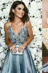 Open Back A-line V neck Long Prom Dress, Evening Dresses