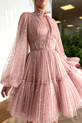 Vestidos de noche elegantes y dulces con lentejuelas, cuello mandarín y malla.