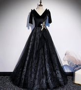 Robe de bal longue en velours noir et dentelle, robe de soirée s103