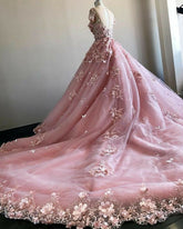 Vestido de novia rosa con flores 3D y cola de corte, estilo princesa, modelo Y1406