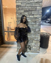 18th Birthday Outfit Dress For Black Girls Black Sequins Short Homecoming Dress Removable Sleeves Y1384