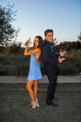 Robe de soirée courte bleue trapèze mignonne Y1600