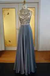 Floor Length A-line Halter Crystal Beading Chiffon Prom Dresses