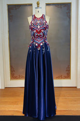 Floor Length A-line Sleeveless Crew Appliqued Prom Dresses