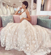 Glamorous Long A-Line V-neck Appliques Lace Tulle Wedding Dress