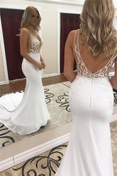 Glamorous Long Mermaid Straps Appliques Lace V-Neck Wedding Dresses