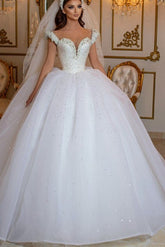 Glamorous Long Princess Off the Shoulder Beading Pearl Tulle Wedding Dress
