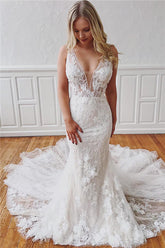 Glamorous Long Straps V-Neck Lace Mermaid Detachable Wedding Dresses