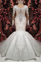 Gorgeous Crystals Mermaid Bridal Wears Long Sleeves Chapel Train Wedding Dress