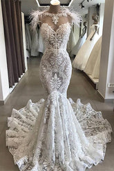 Gorgeous Hollow Sweetheart Lace Long Wedding Dress with Fur Neckline