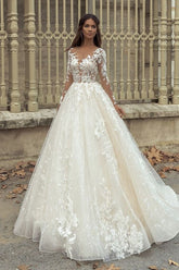 Gorgeous Long A-Line Bateau Appliques Lace Train Wedding Dress with Sleeves