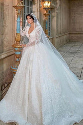 Gorgeous Long A-Line V-neck Appliques Lace Wedding Dress with Sleeves