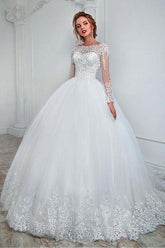 Gorgeous Long Ball Gown Jewel Tulle Lace Wedding Dress with Sleeves