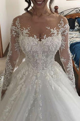 Gorgeous Long Ivory A-line Tulle Lace Wedding Dresses with Sleeves