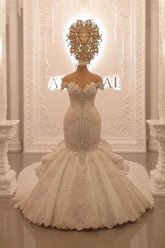 Gorgeous Long Off the Shoulder Crystal Backless Mermaid Wedding Dresses