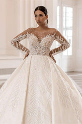 Gorgeous Long Sleeves A-Line Bateau Crystal Pearl Satin Wedding Dress