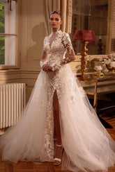 Gorgeous Long Sleeves A-line Jewel Tulle Lace Backless Wedding Dresses with Slit