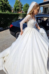 Gorgeous White Long A-line V-neck Lace Wedding Dress with Sleeves