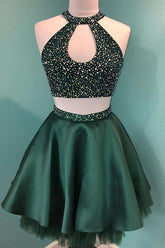 Robe de bal courte deux pièces en satin vert à bretelles et perles, modèle PD358