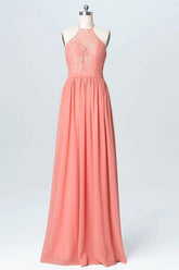 Halter Lace Long Chiffon Peach Bridesmaid Dresses BD060