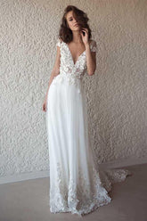 Ivory Cap Sleeve See Through Wedding Dresses Beach Bridal Dress WD332