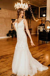 Ivory Long Mermaid V-neck Straps Tulle Lace Wedding Dress with Ruffles