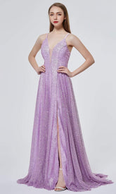Glitter-Embellished Slit A-line Gown