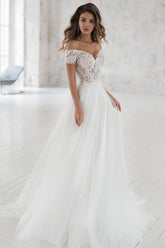 Long A-line Off the Shoulder Appliques Tulle Wedding Dress with Sleeves