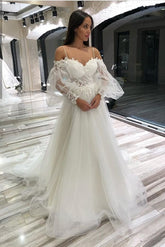 Long A-Line Off-the-Shoulder Sweetheart Appliques Lace Tulle Wedding Dresses with Sleeves