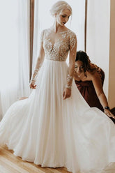 Long A-Line Open Back Chiffon Appliques Lace Wedding Dress with Sleeves