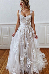Long A-line Straps Sweetheart Appliques Lace Tulle Backless Wedding Dress