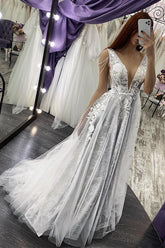 Long A-line Straps V-neck Appliques Pearls Backless Wedding Dress