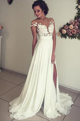 Long A-line Sweetheart Appliques Lace Chiffon Wedding Dress with Slit